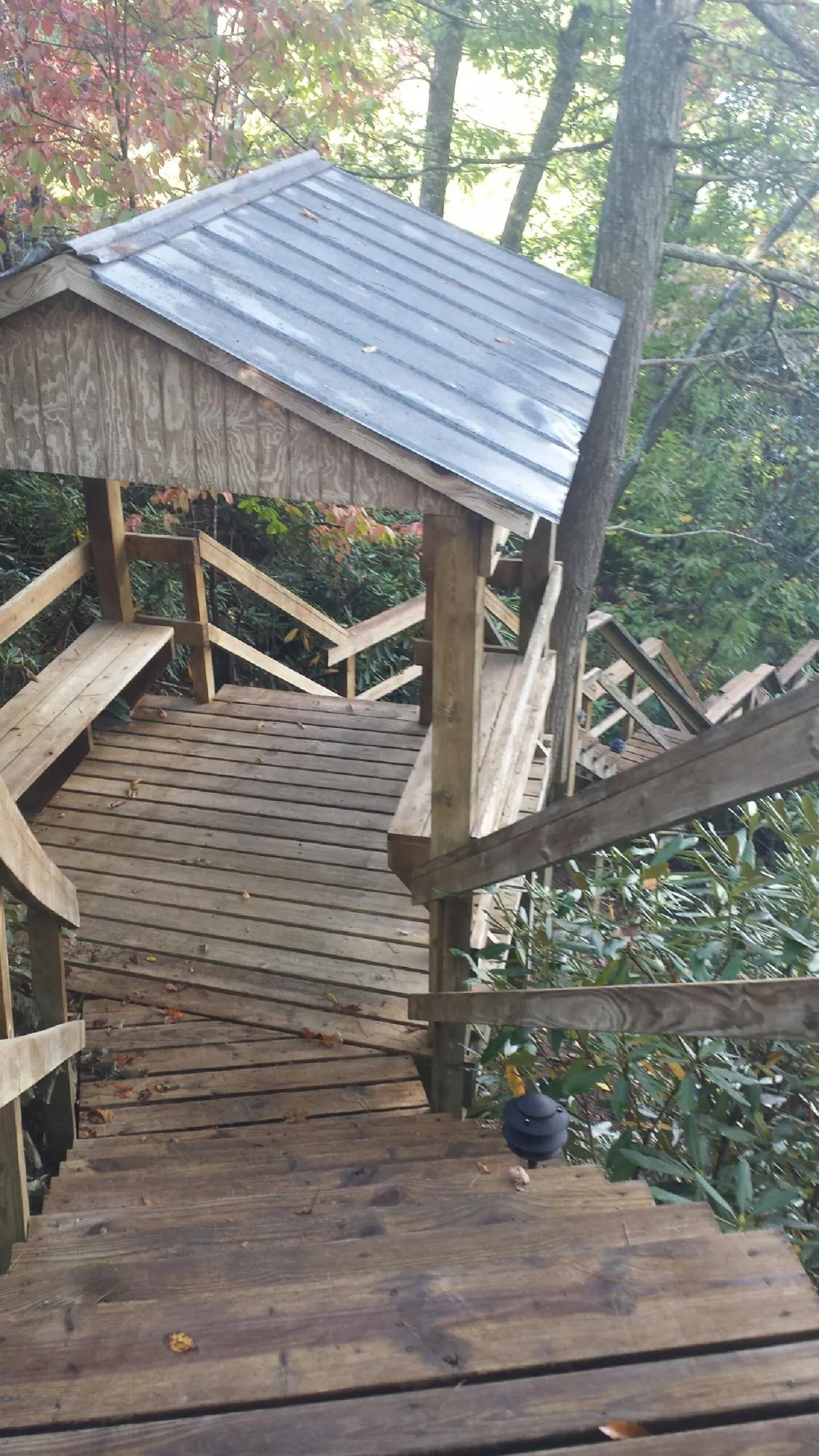 Metal roofed shelter over wooden steps on a wooded walkway — Skylight Repair & Installation work by our crew in Cardinal